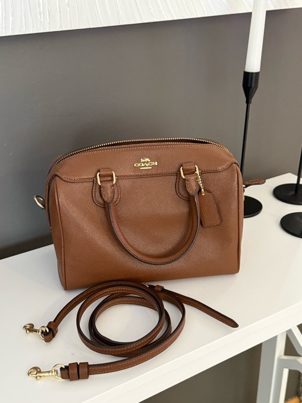 Coach Rowan (mid size) in a tan/Carmel color with gold hardware. Used twice. - Picture 2 of 5